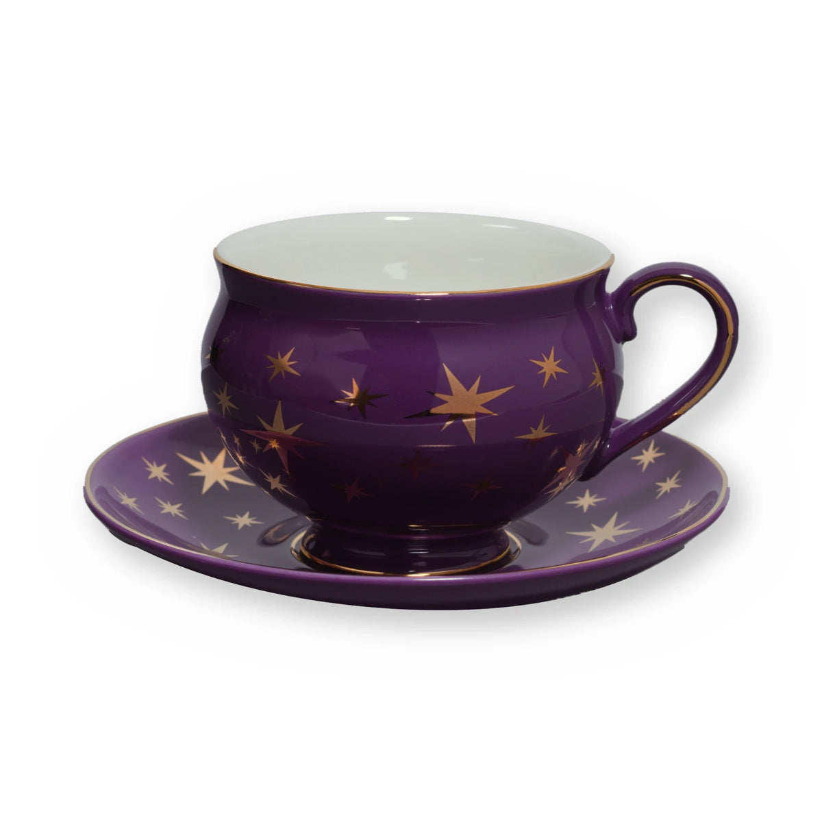 Fine bone china teacup, Purple Star design, on its saucer