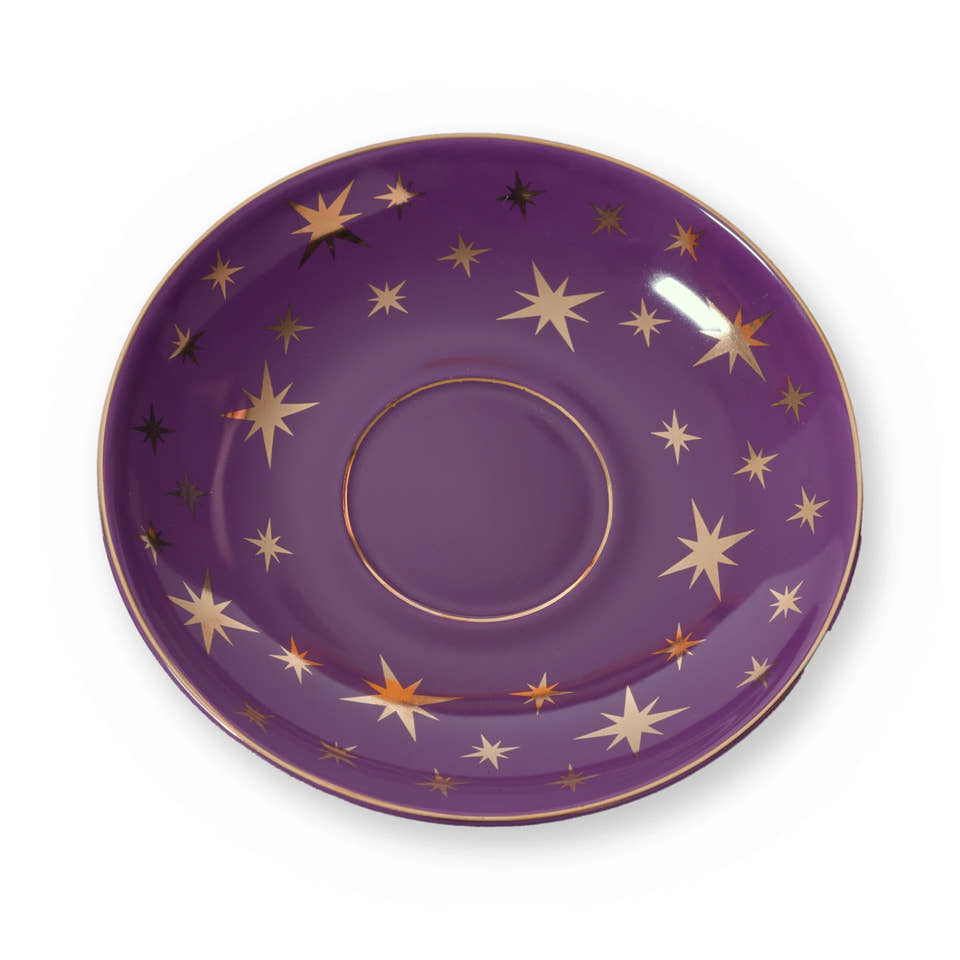 Fine bone china saucer, Purple Star design, from above