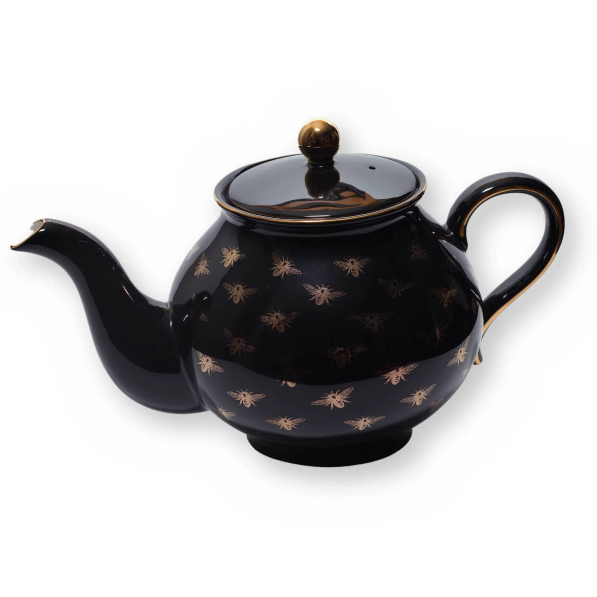 Fine bone china teapot, Black Bee design, side view