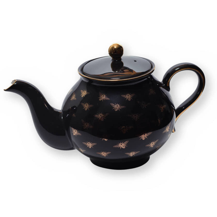 Fine bone china teapot, Black Bee design, side view