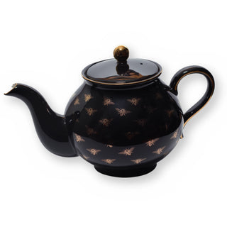 Fine bone china teapot, Black Bee design, side view
