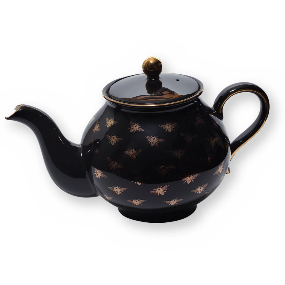 Fine bone china teapot, Black Bee design, side view