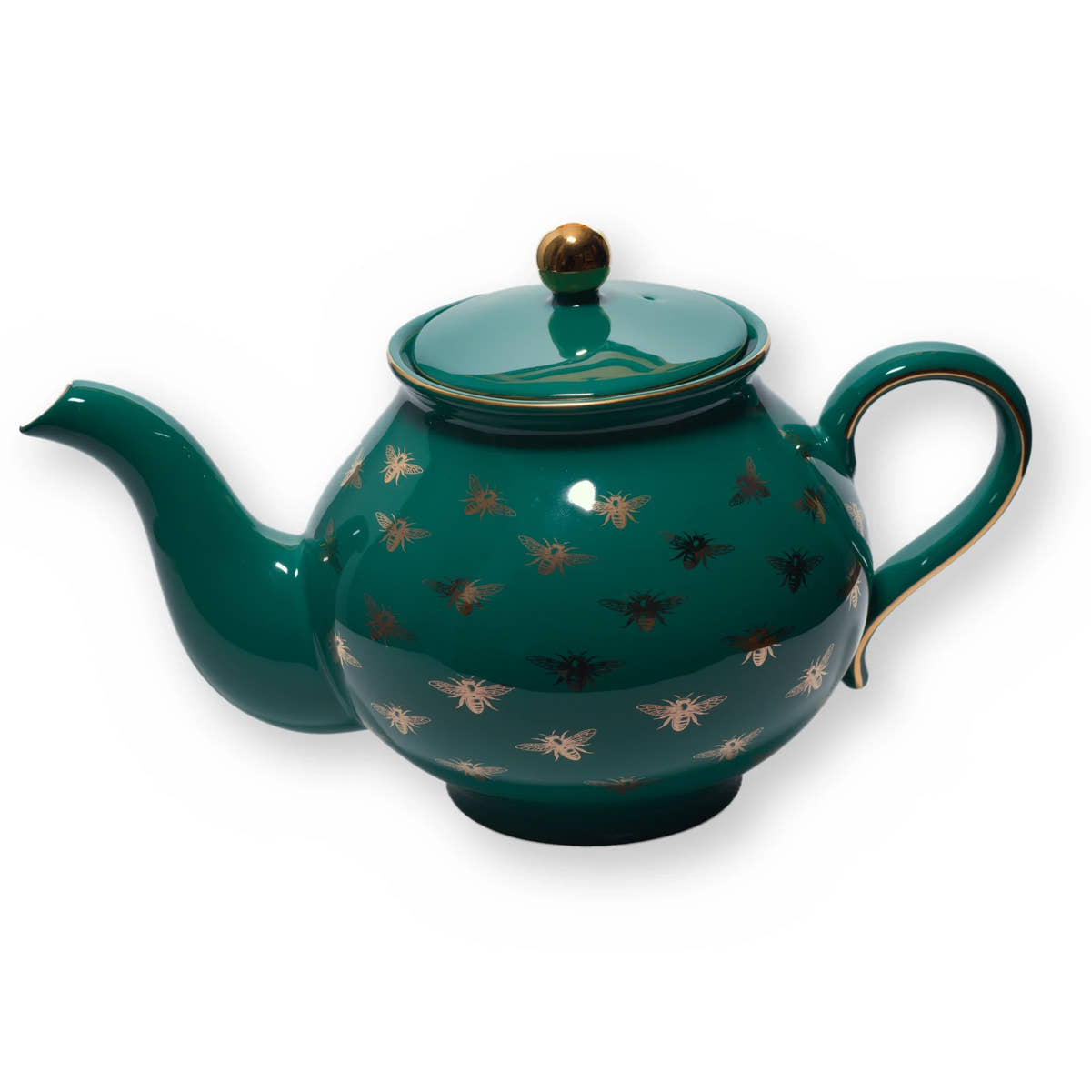 Fine bone china teapot, Green Bee design, side view