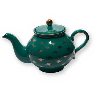 Fine bone china teapot, Green Bee design, side view