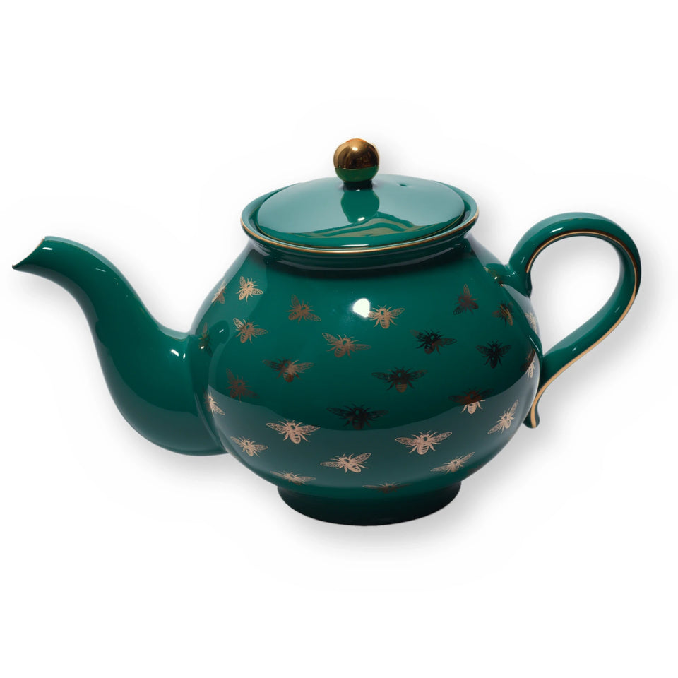 Fine bone china teapot, Green Bee design, side view