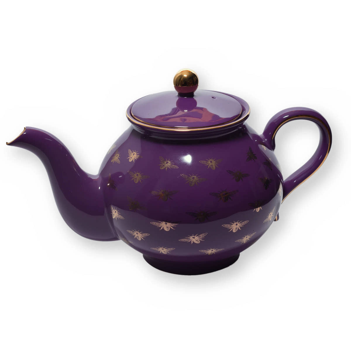 Fine bone china teapot, Purple Bee design, side view