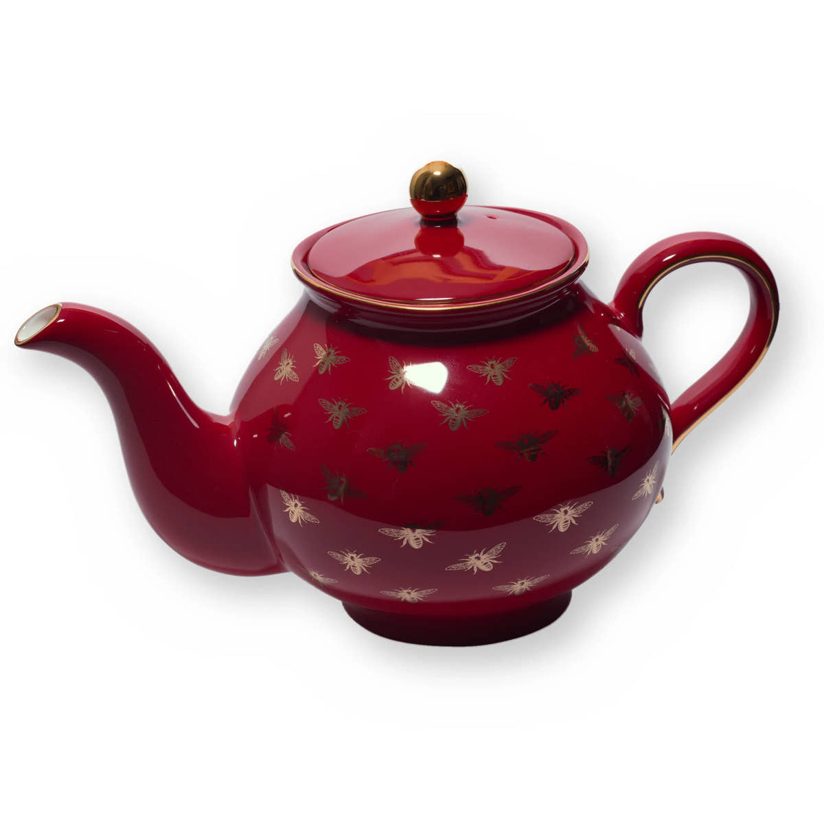 Fine bone china teapot, Red Bee design, side view