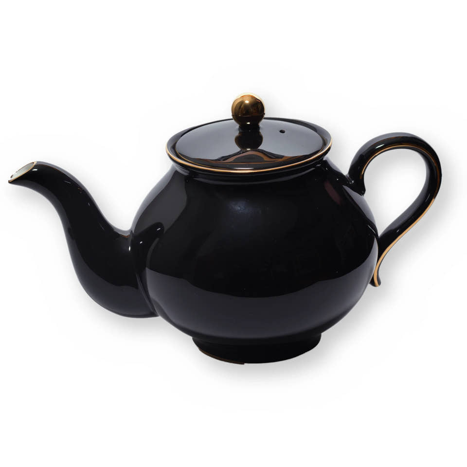 Fine bone china teapot, Black Plain design, side view