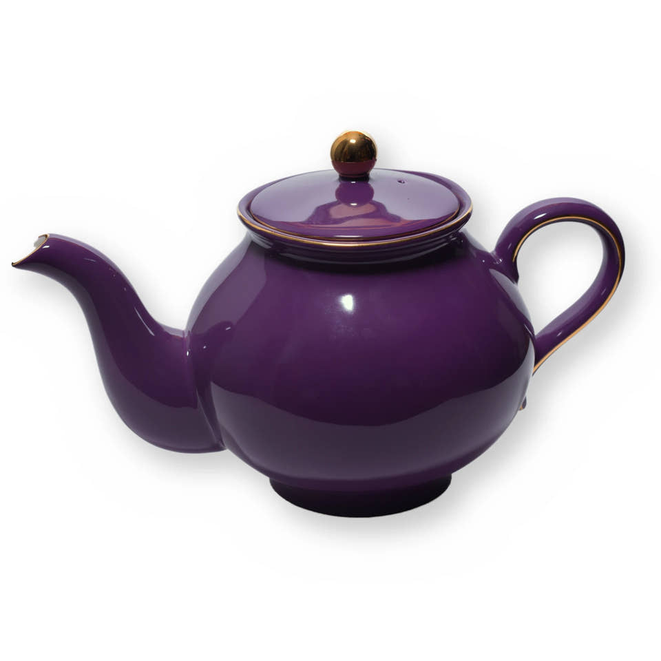 Fine bone china teapot, Purple Plain design, side view