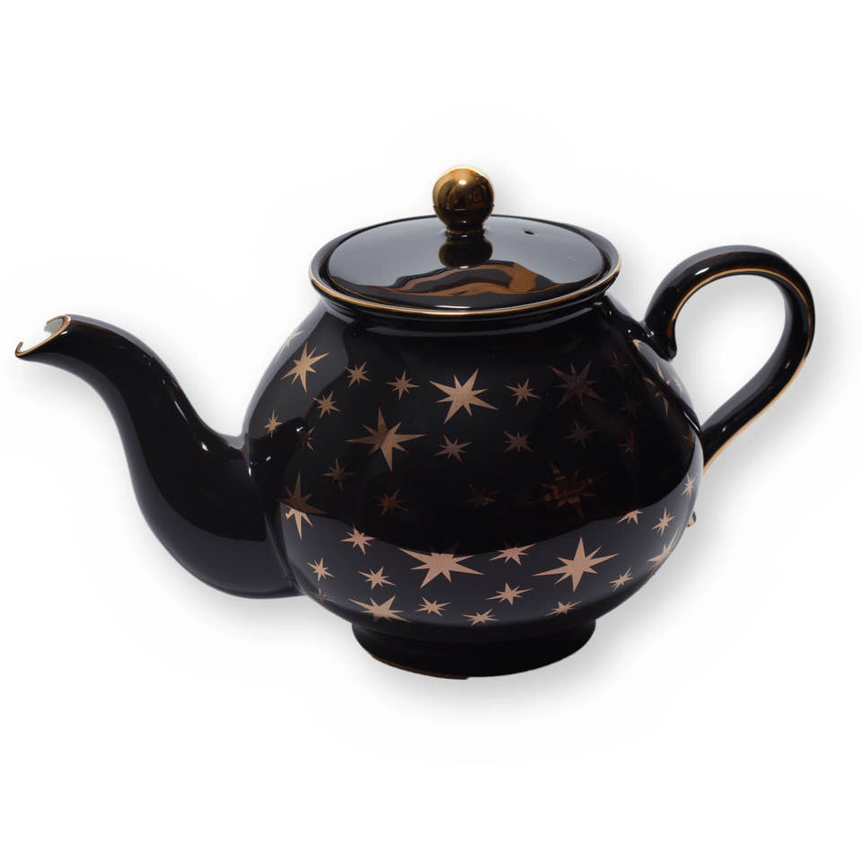 Fine bone china teapot, Black Star design, side view