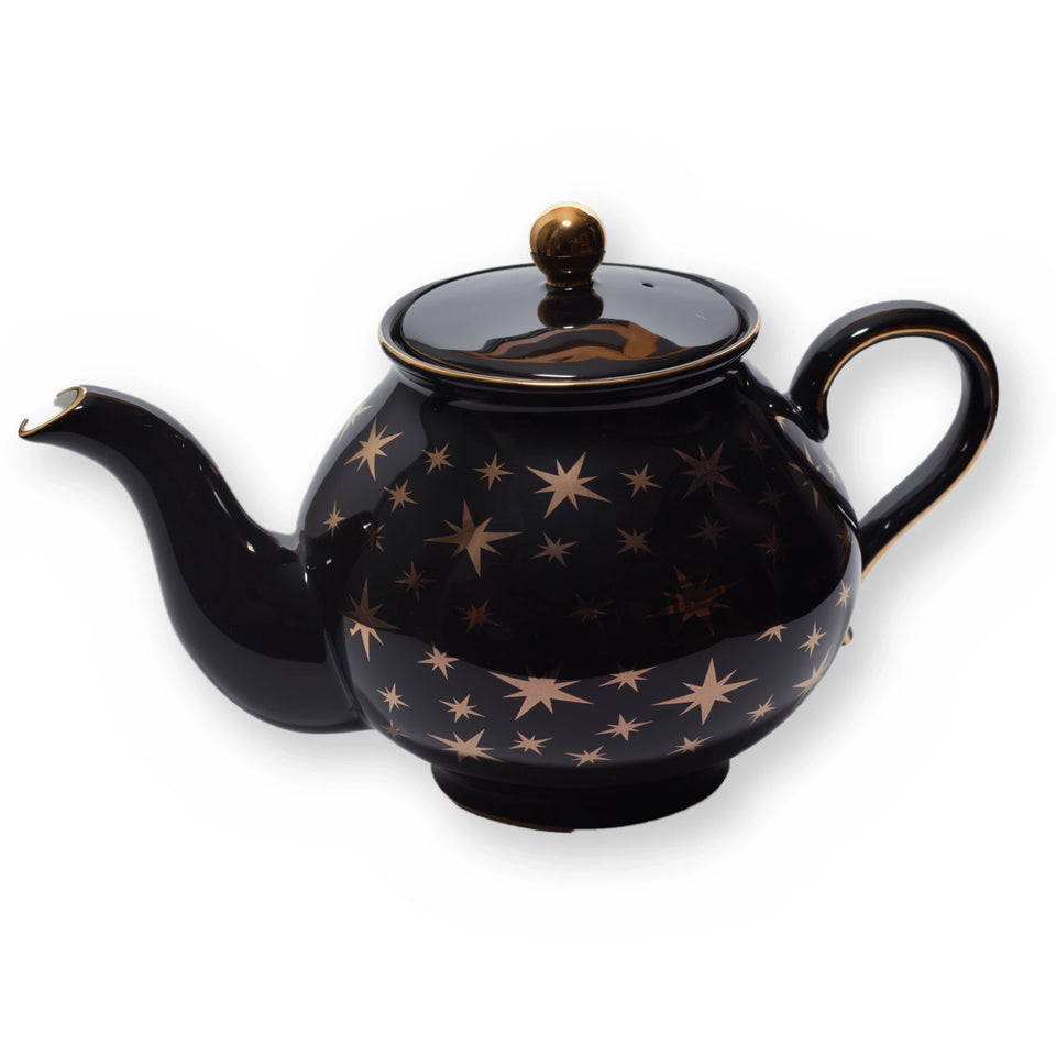 Fine bone china teapot, Black Star design, side view