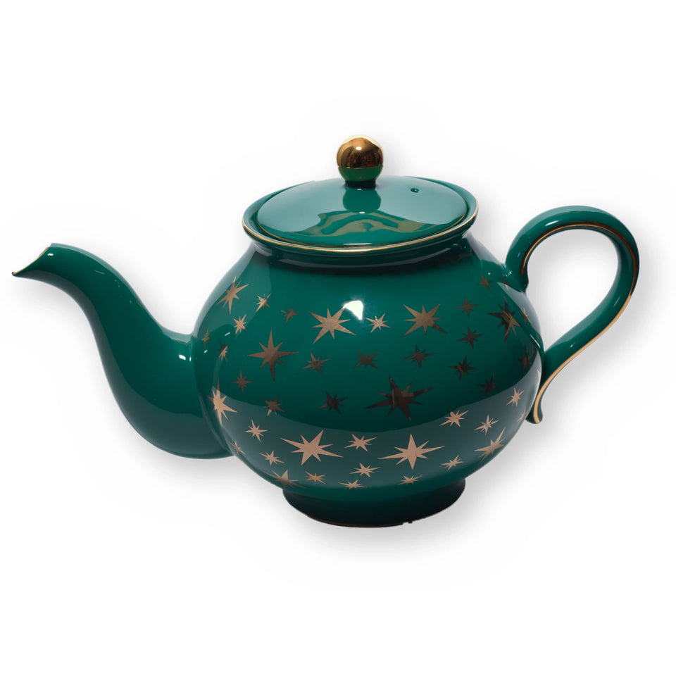 Fine bone china teapot, Green Star design, side view