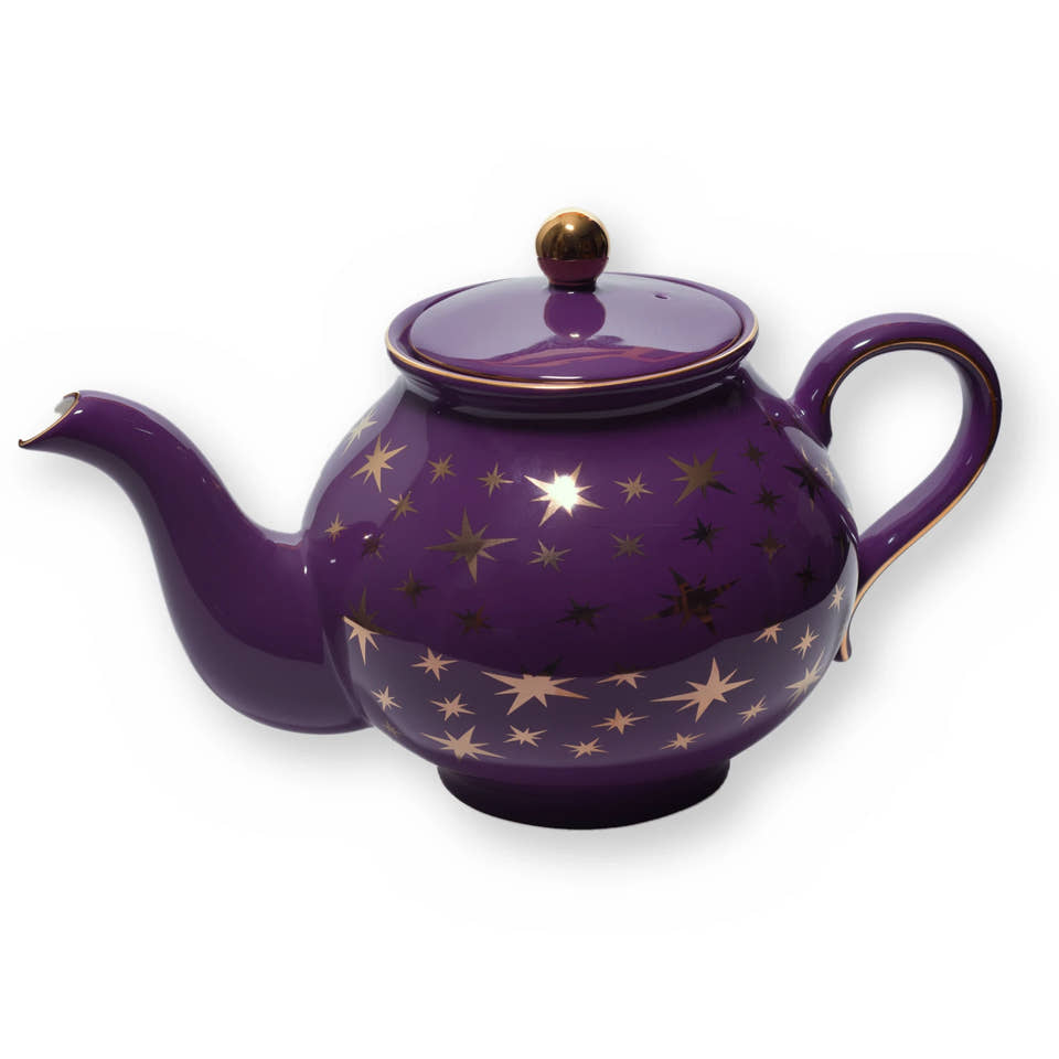Fine bone china teapot, Purple Star design, side view