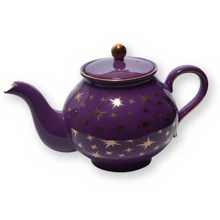 Fine bone china teapot, Purple Star design, side view