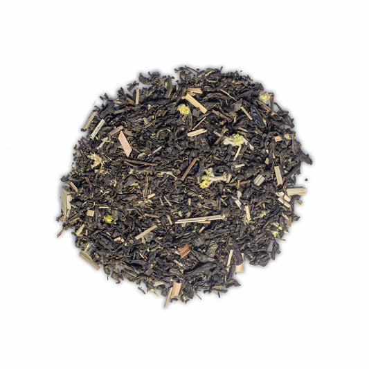 Loose leaf green tea for High Tea with Harriet First Light blend with lemongrass and floral pieces on white background