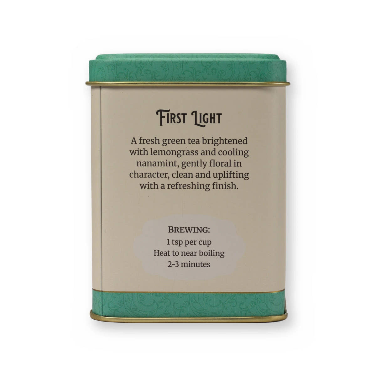 First Light lemongrass & mint green tea, small tin, back