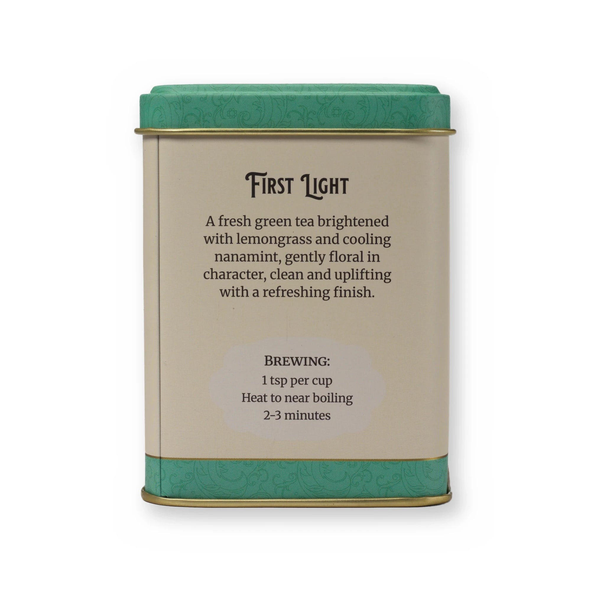 First Light lemongrass & mint green tea, small tin, back