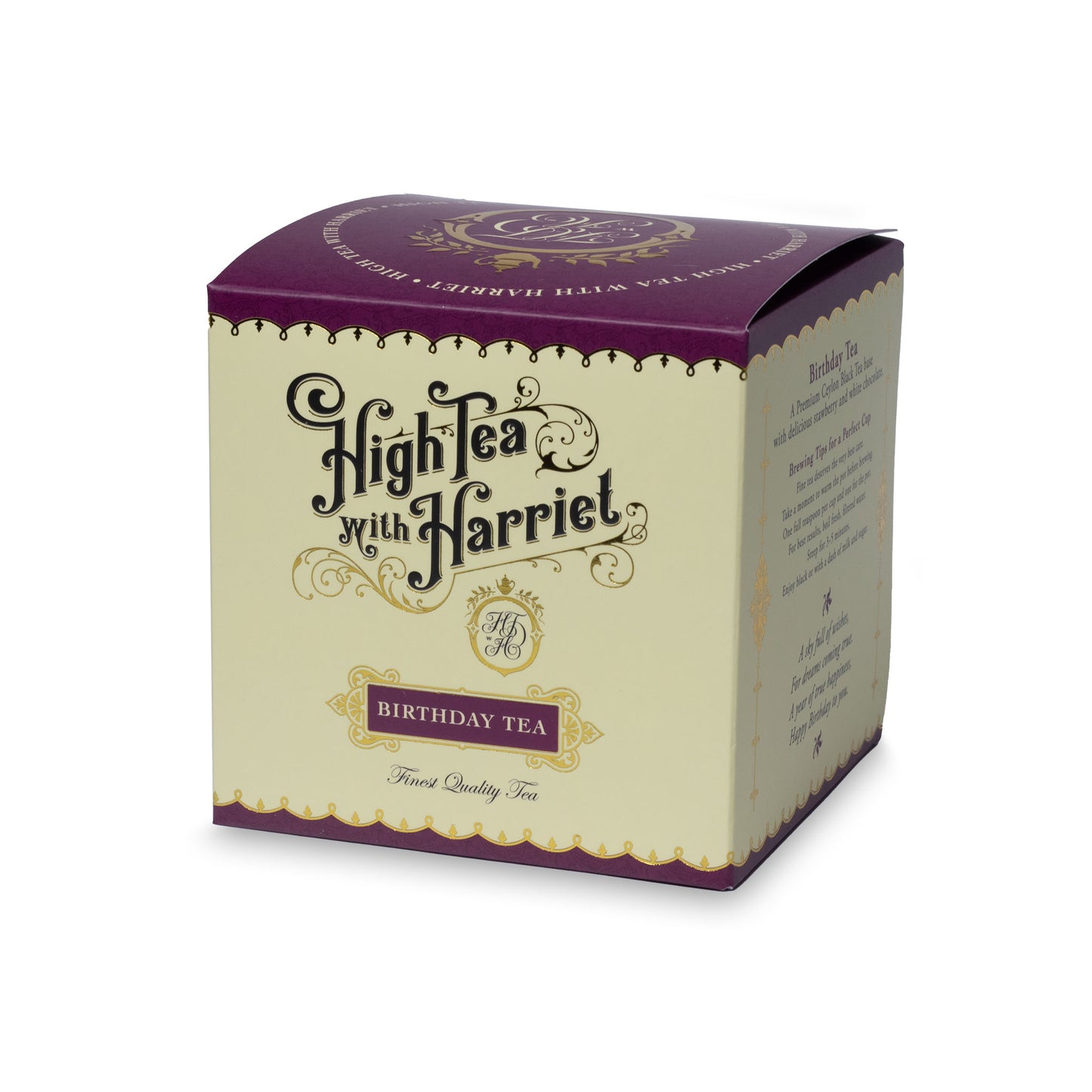 Side view of High Tea with Harriet Birthday Tea box in deep red showing product description and ingredients