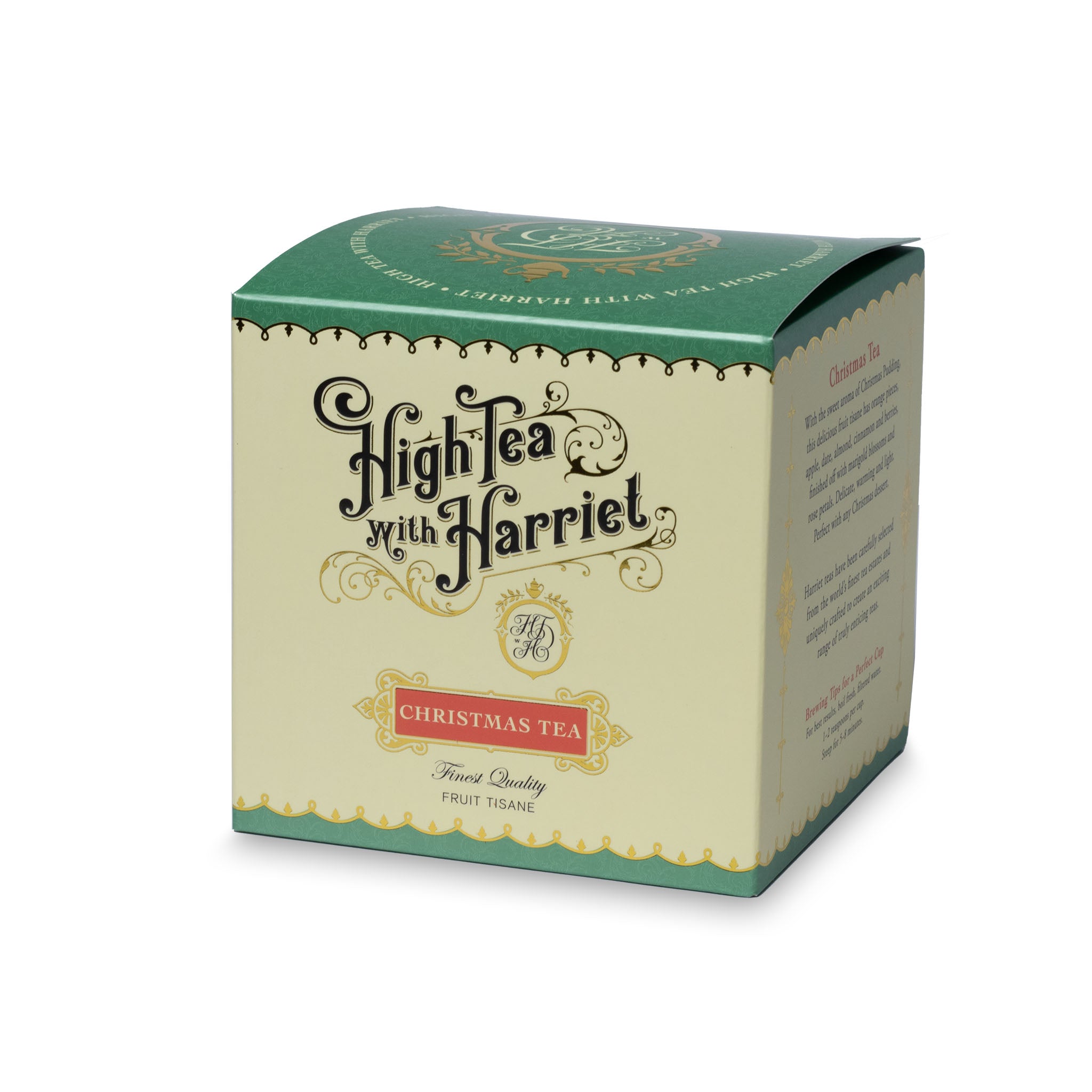 Side view of High Tea with Harriet Christmas Tea box in green with red label showing product description and holiday-inspired branding