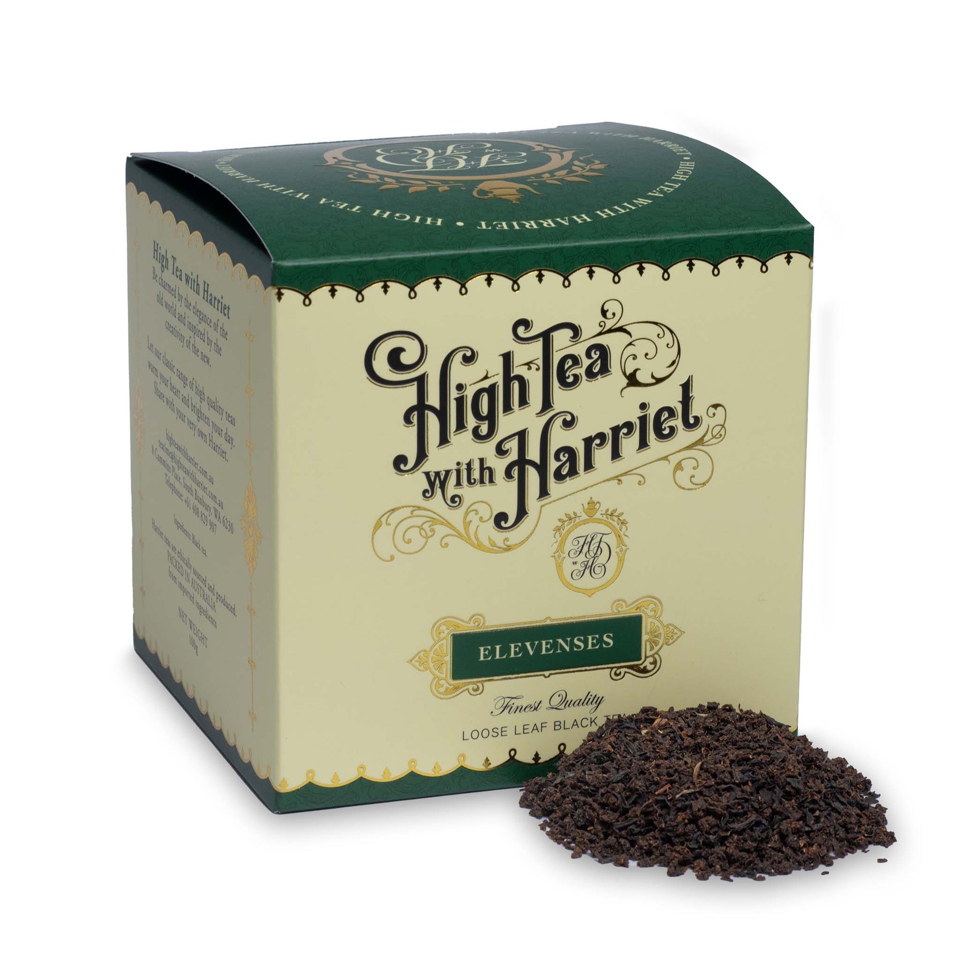 High Tea with Harriet Elevenses Irish Breakfast tea in emerald green and cream box with loose tea in front showing rich black leaves