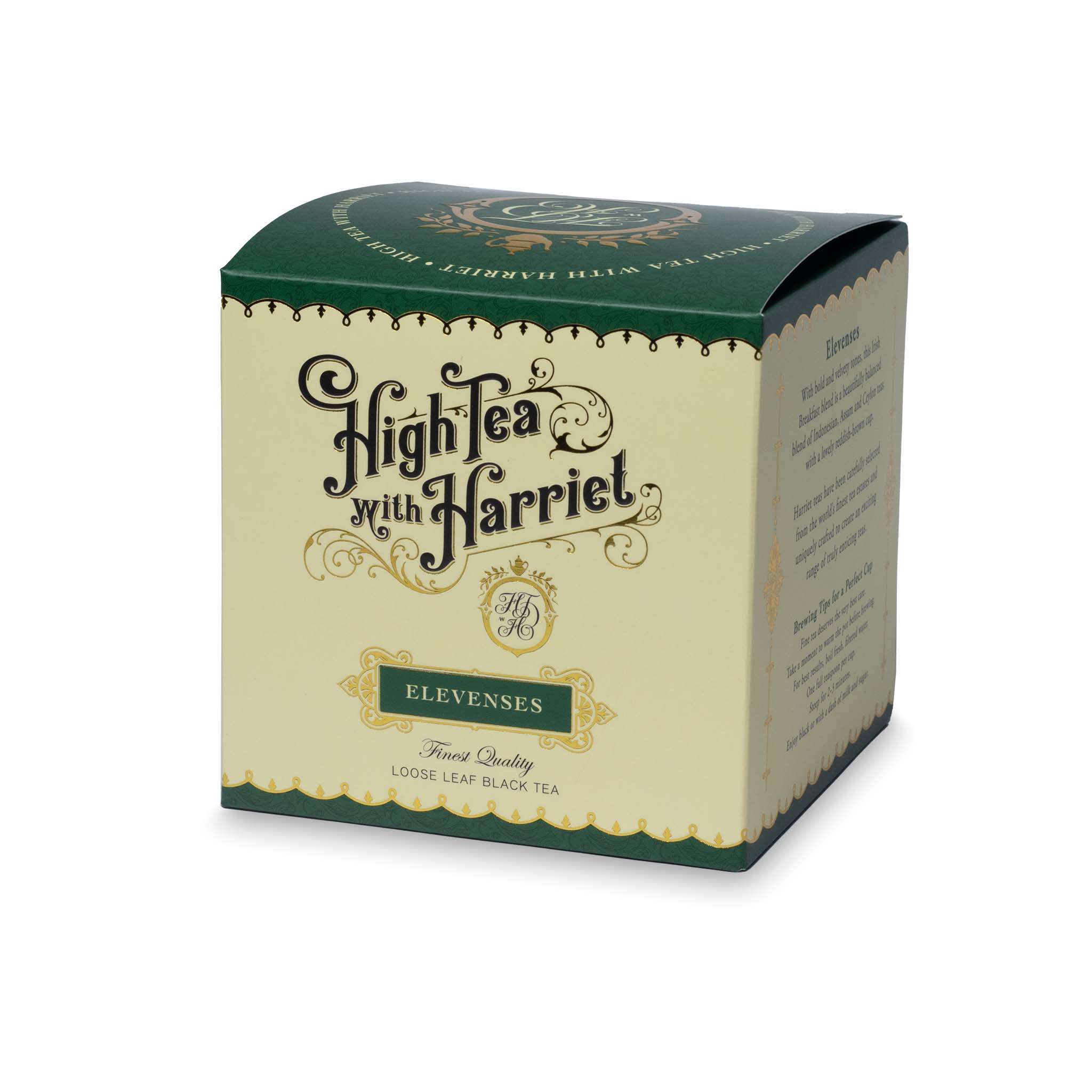 Side view of High Tea with Harriet Elevenses tea box in emerald green showing product description and elegant branding