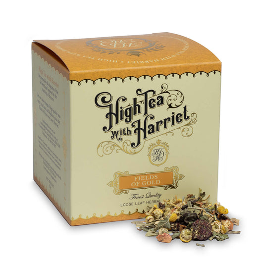 High Tea with Harriet Fields of Gold herbal tea in cream and golden box with loose tea in front