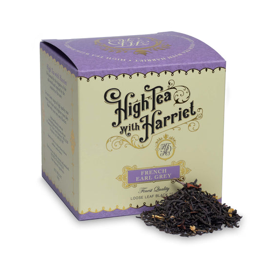 High Tea with Harriet French Earl Grey loose leaf black tea in cream and lavender box with tea leaves in front