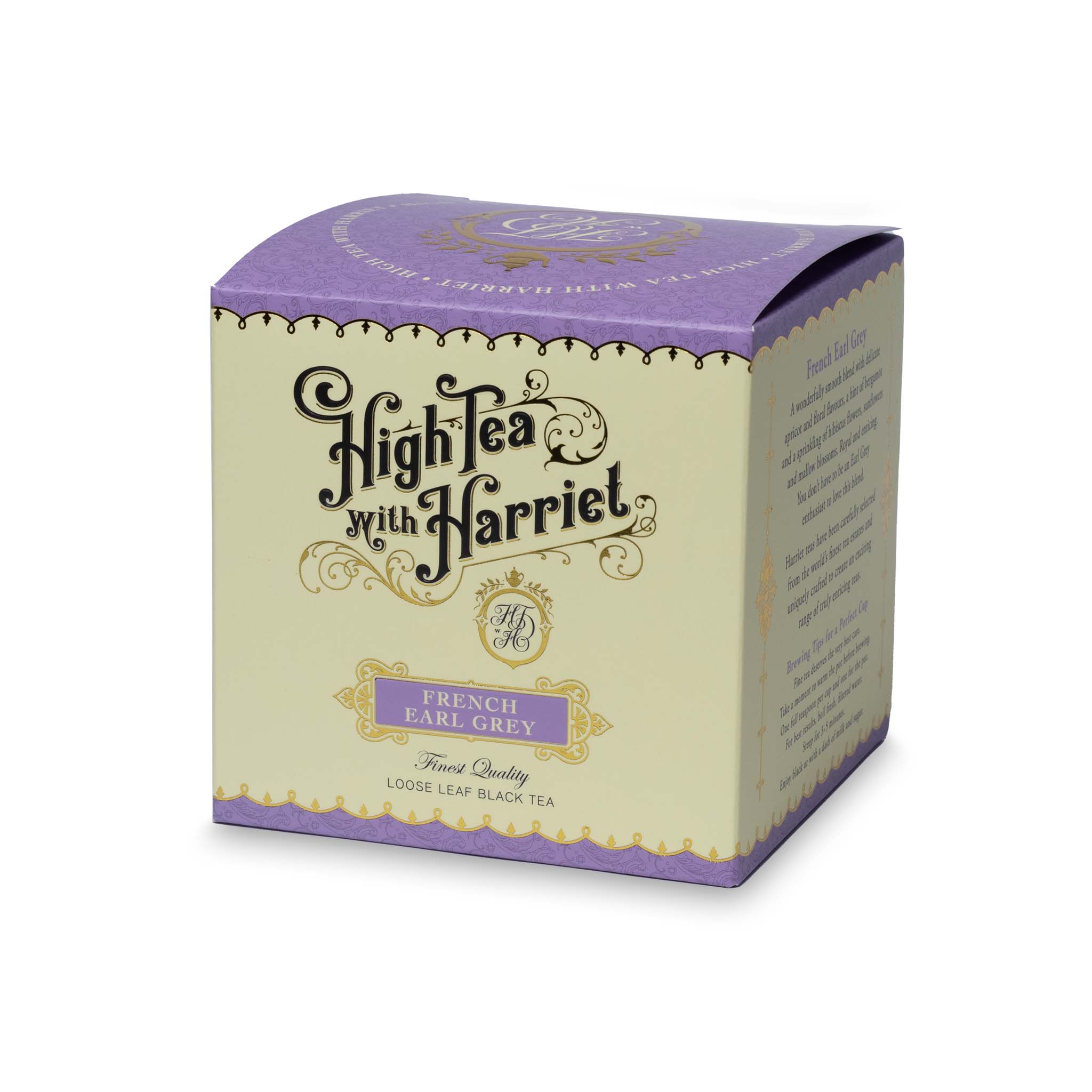 Side view of High Tea with Harriet French Earl Grey box showing flavour description and branding