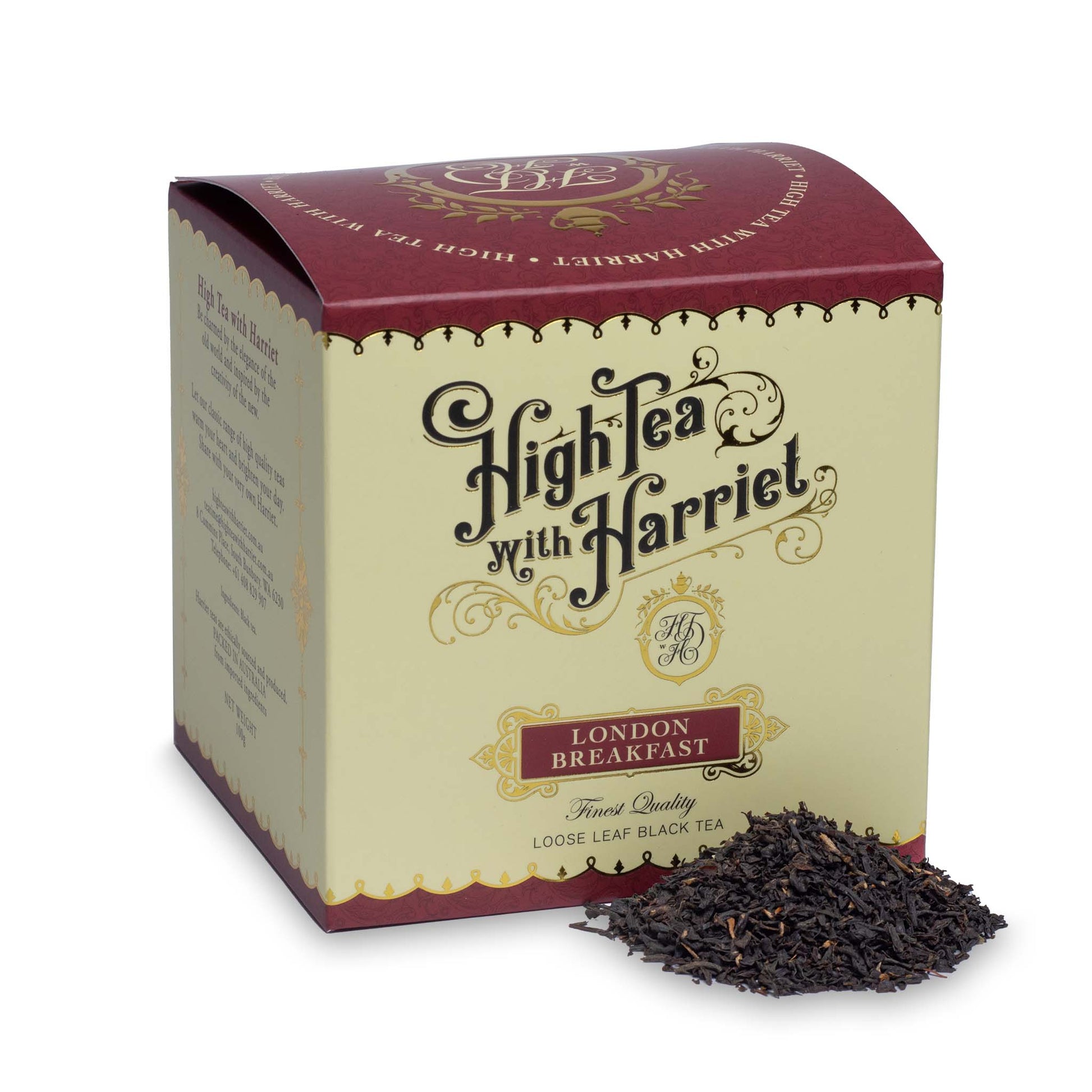 High Tea with Harriet London Breakfast loose leaf black tea in elegant cream and burgundy box with tea leaves in front