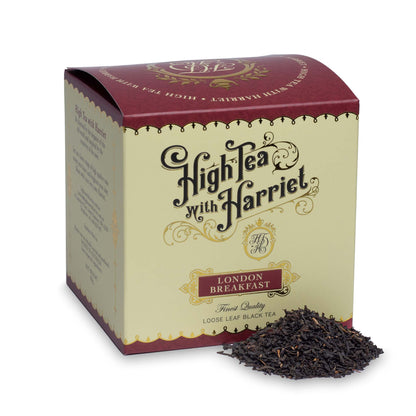 High Tea with Harriet London Breakfast loose leaf black tea in elegant cream and burgundy box with tea leaves in front