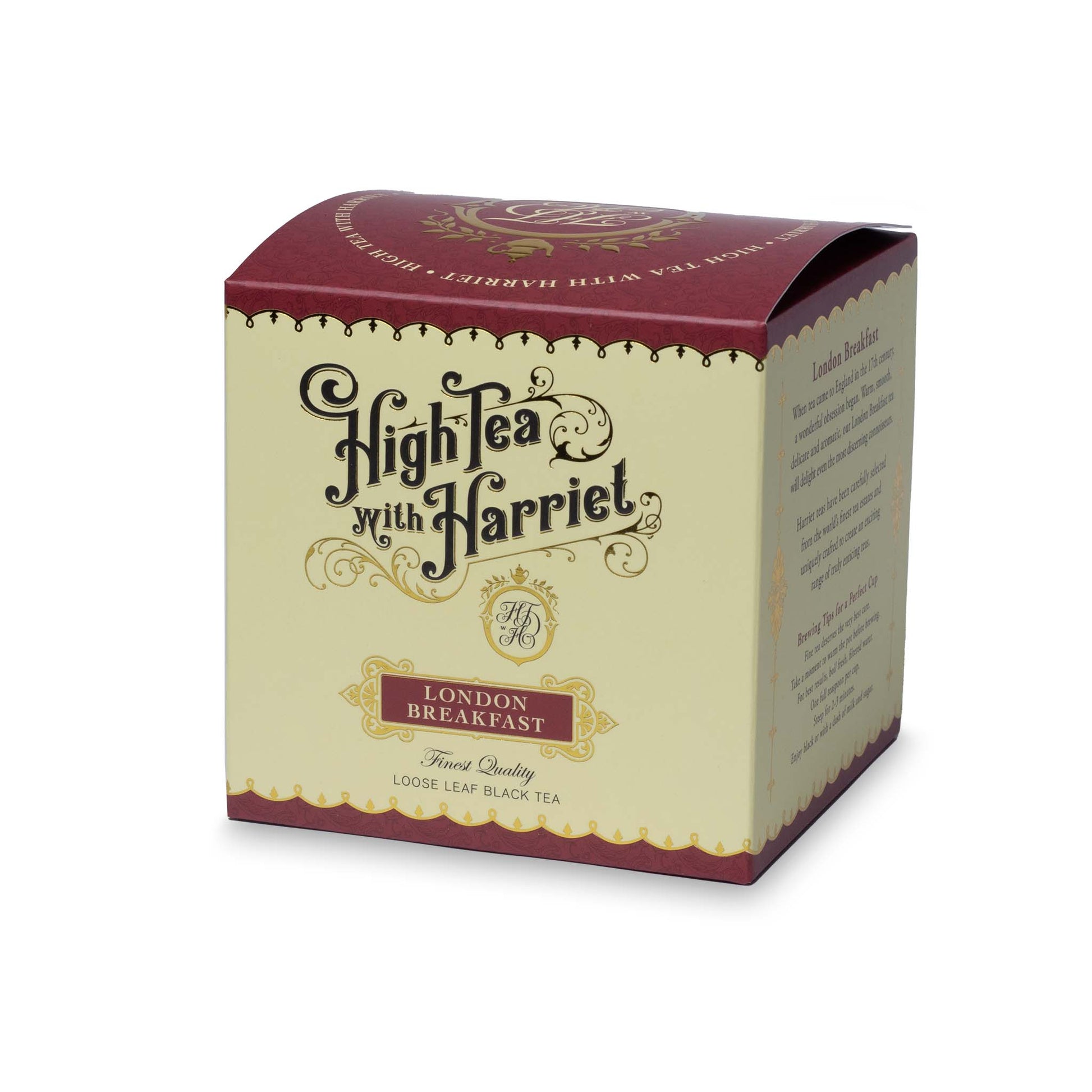 Angled side view of High Tea with Harriet London Breakfast loose leaf black tea box showing front and side panel with brewing instructions