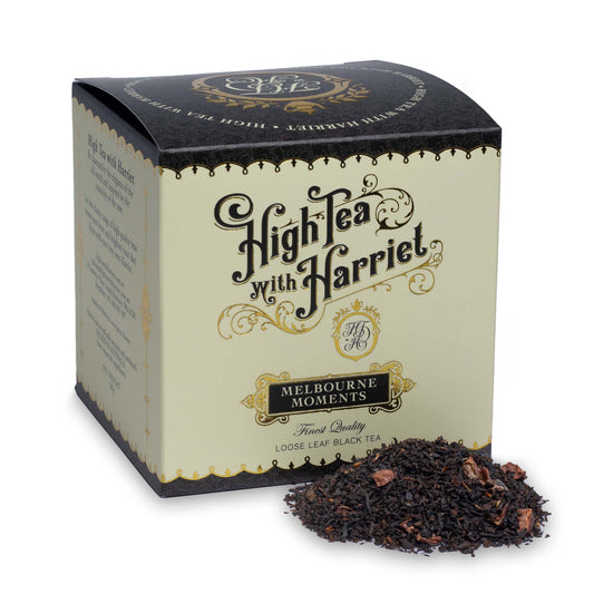 High Tea with Harriet Melbourne Moments tea in sleek black box with loose leaf chocolate and caramel black tea in front