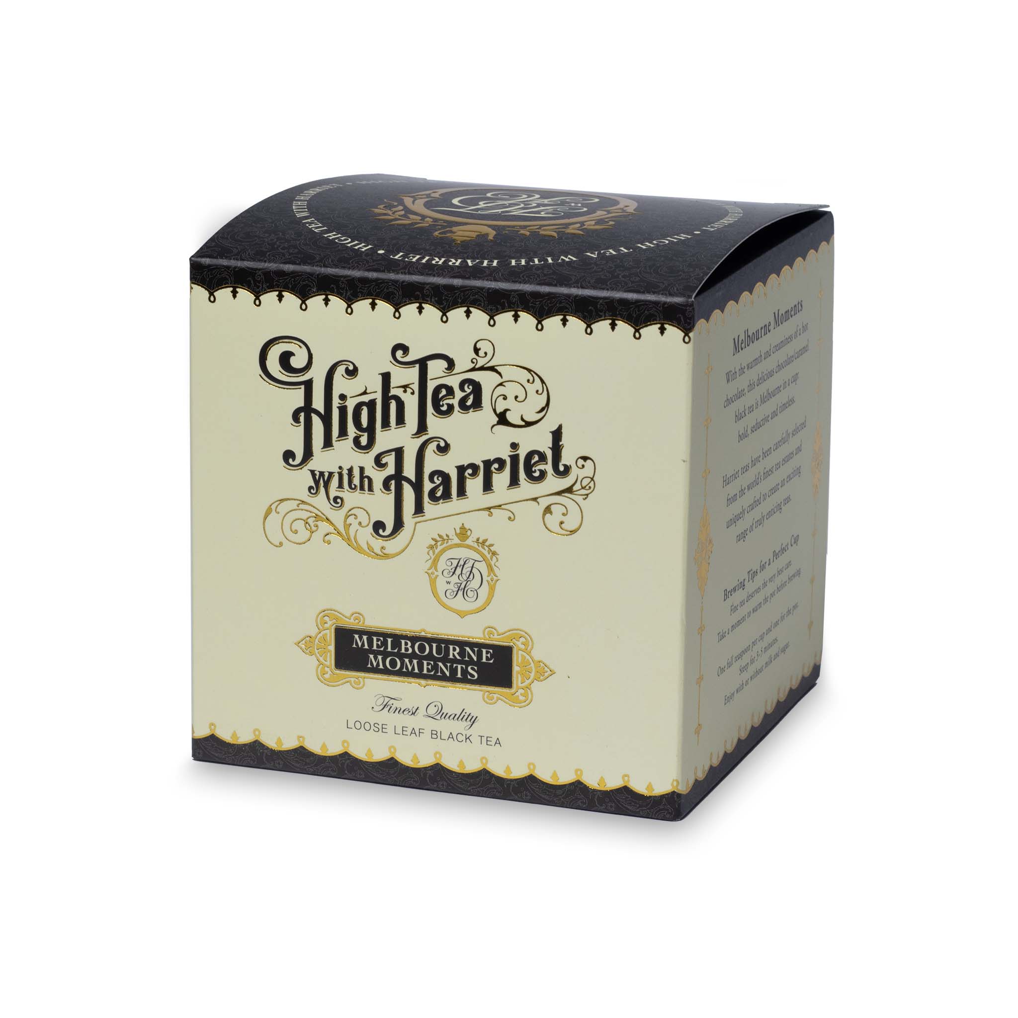 Side view of High Tea with Harriet Melbourne Moments tea box in black showing product description and gold-accented branding