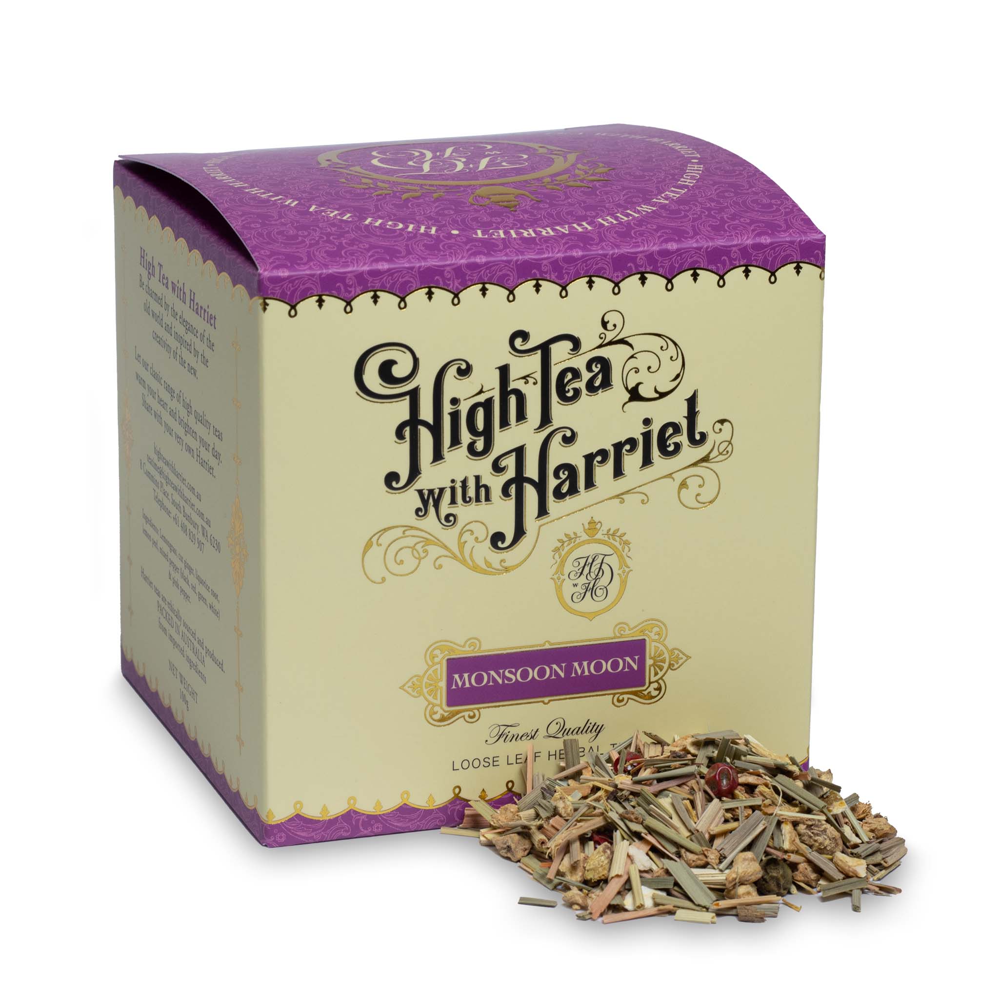 High Tea with Harriet Monsoon Moon herbal tea in cream and purple box with loose tea in front
