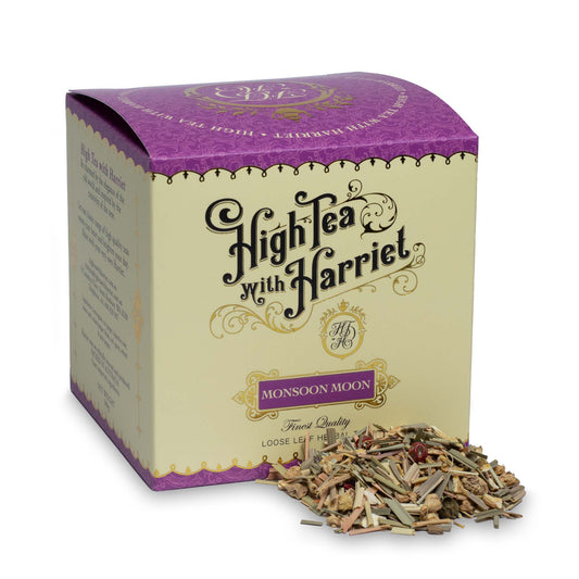 High Tea with Harriet Monsoon Moon herbal tea in cream and purple box with loose tea in front