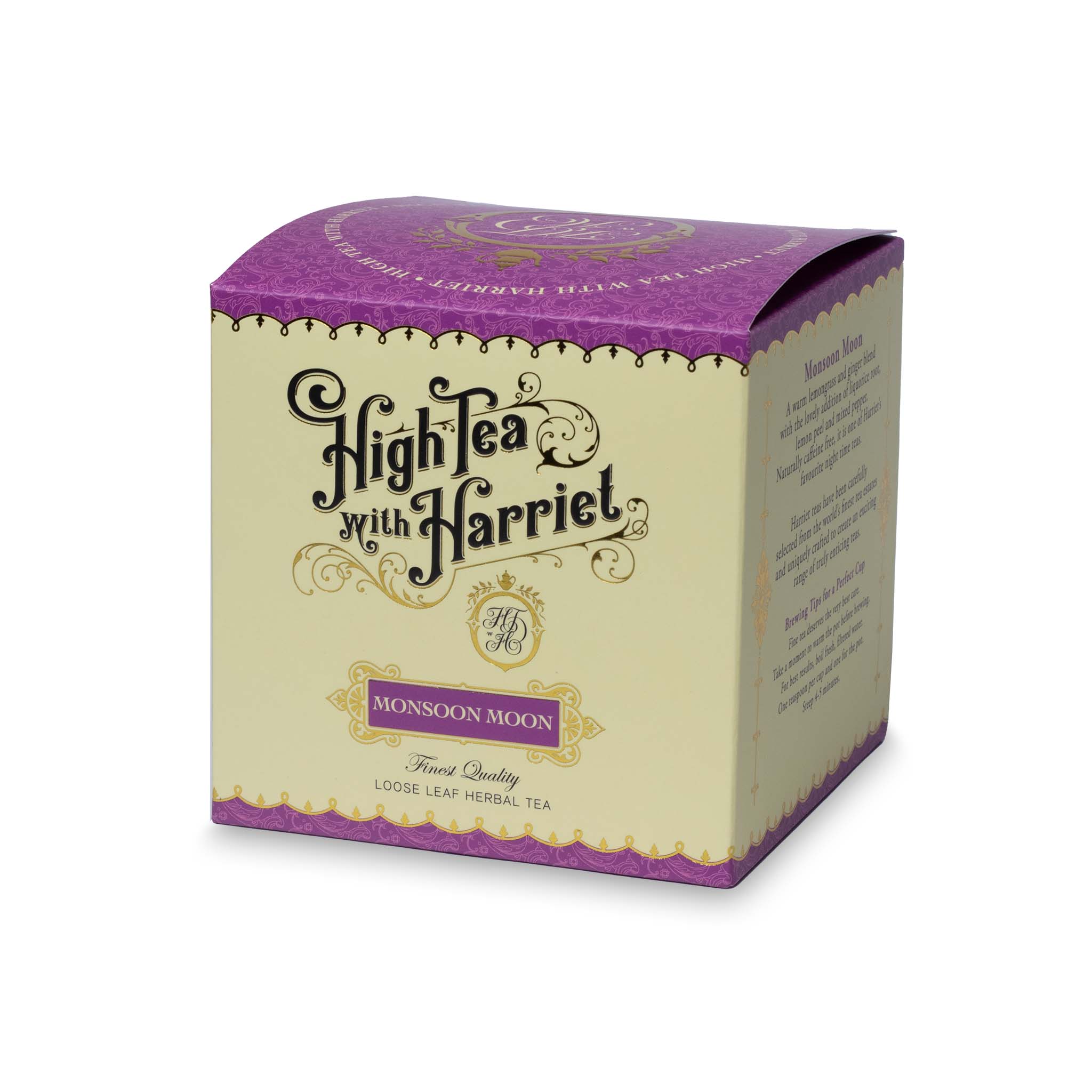 Side view of High Tea with Harriet Monsoon Moon tea box showing product description and branding