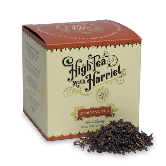 High Tea with Harriet Morning Tea loose leaf black tea in cream and copper box with tea leaves in front