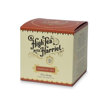 Side view of High Tea with Harriet Morning Tea box showing front and side panel with description