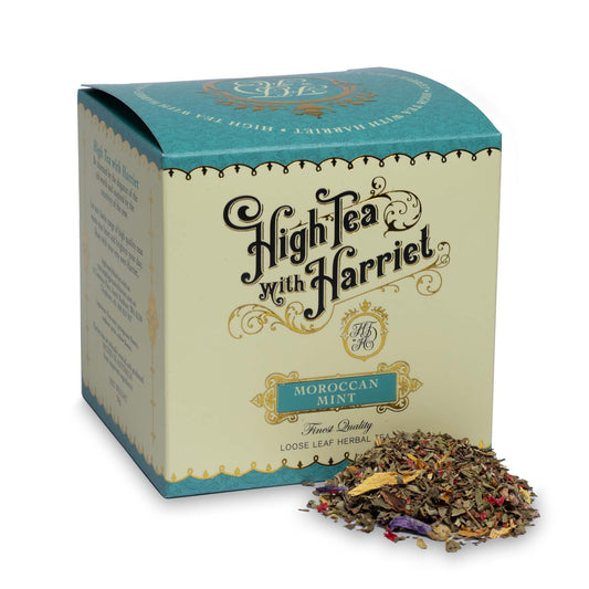 High Tea with Harriet Moroccan Mint herbal tea in cream and teal box with loose tea in front
