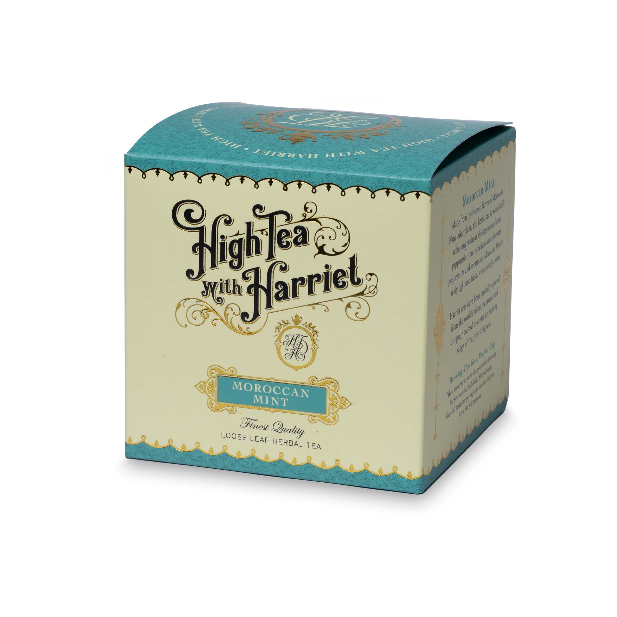 Side view of High Tea with Harriet Moroccan Mint tea box showing product description and packaging design