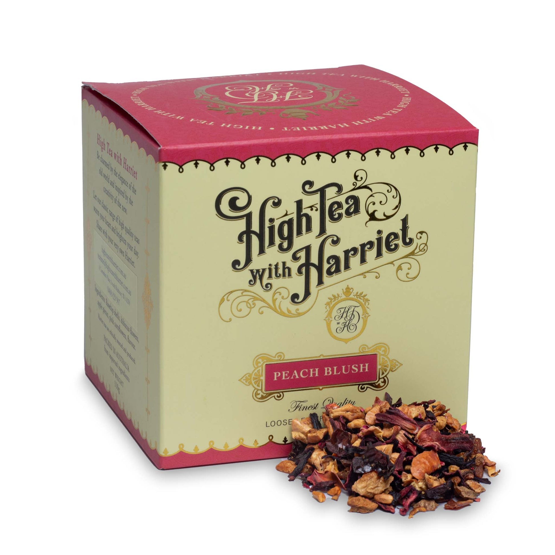High Tea with Harriet Peach Blush fruit tisane in cream and pink box with loose tea in front