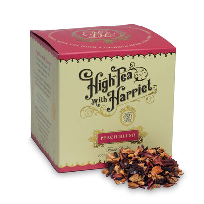 High Tea with Harriet Peach Blush fruit tisane in cream and pink box with loose tea in front