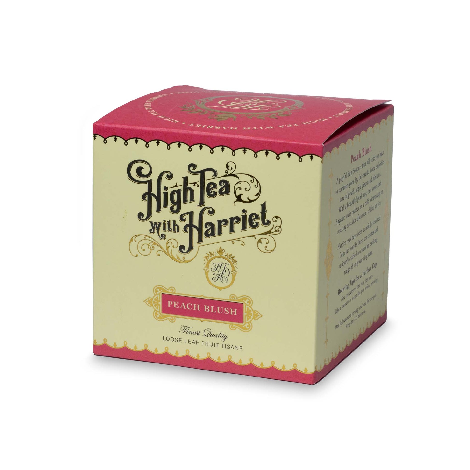 Side view of High Tea with Harriet Peach Blush box showing front label and description panel