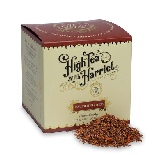 High Tea with Harriet Ravishing Red tea in elegant ruby red box with loose leaf rooibos tea in front