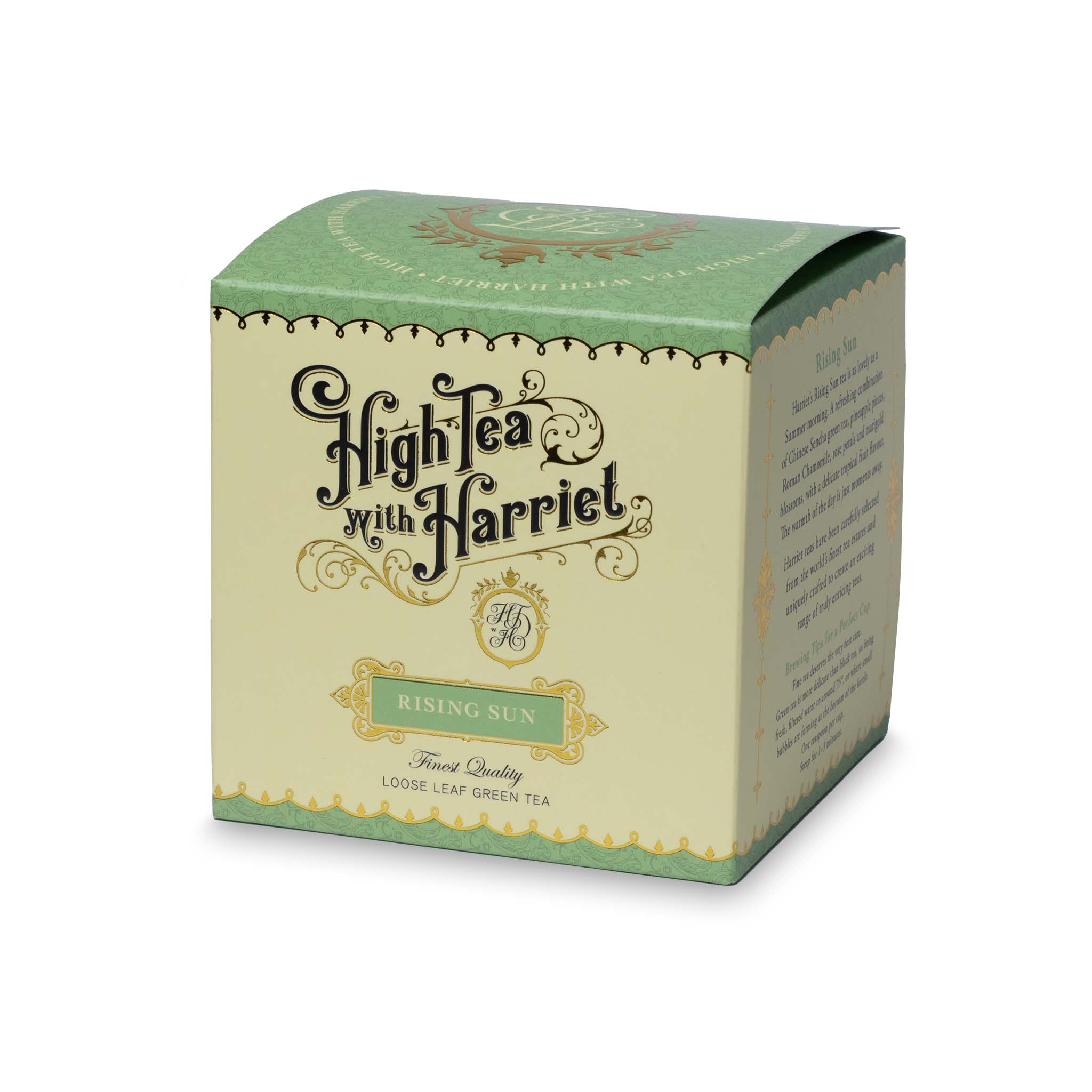 Side view of High Tea with Harriet Rising Sun tea box in pale green showing flavour description and floral elements