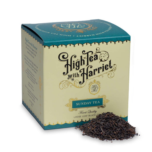 High Tea with Harriet Sunday Tea in cream and teal box with loose black tea in front