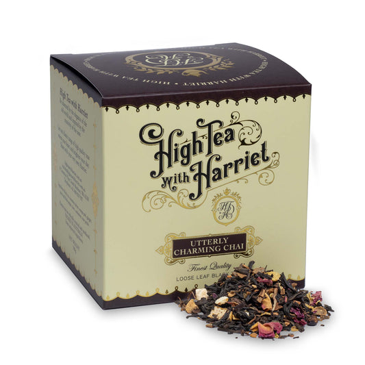 High Tea with Harriet Utterly Charming Chai in cream and brown box with loose tea in front