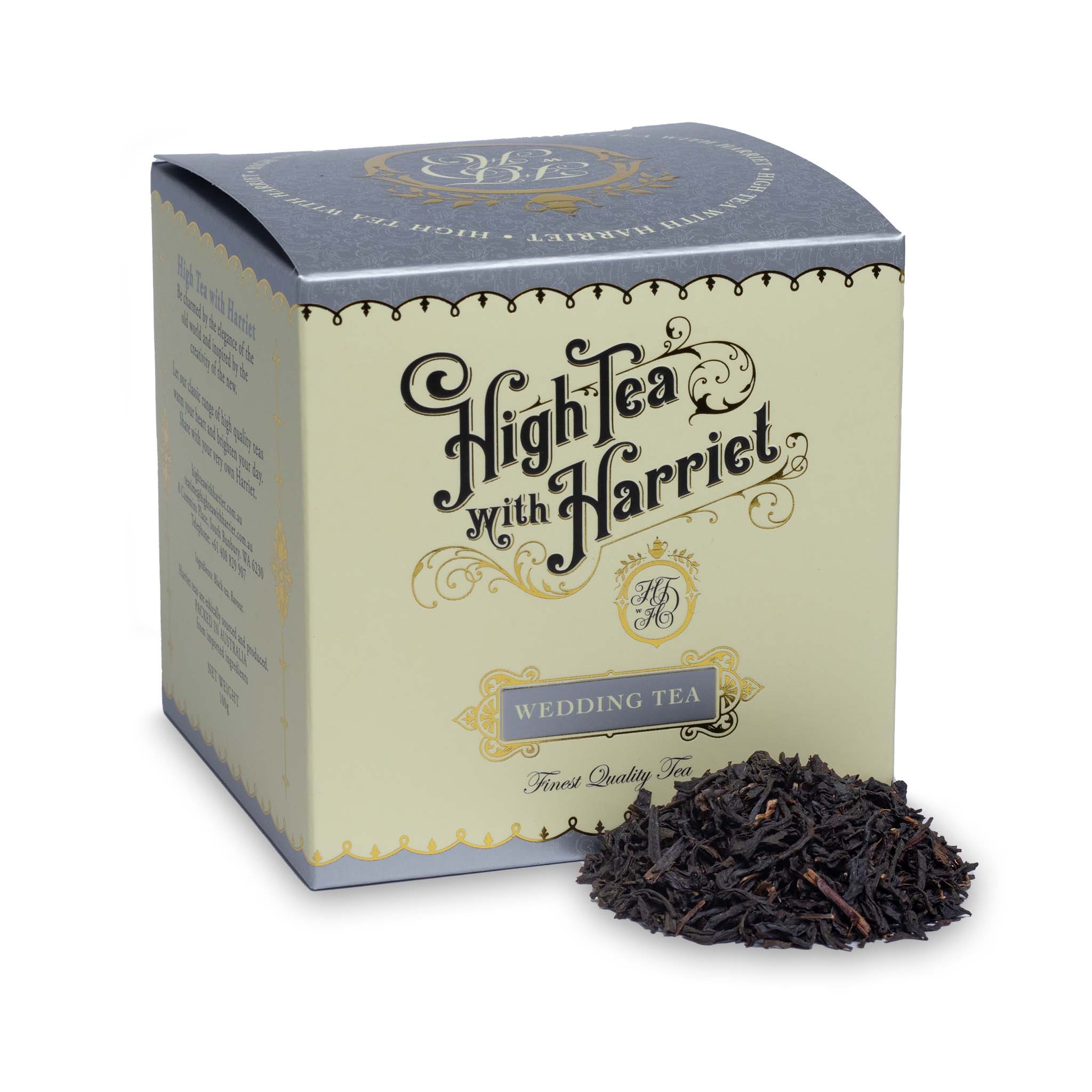 High Tea with Harriet Wedding Tea in elegant cream and silver box with loose Earl Grey Cream tea in front