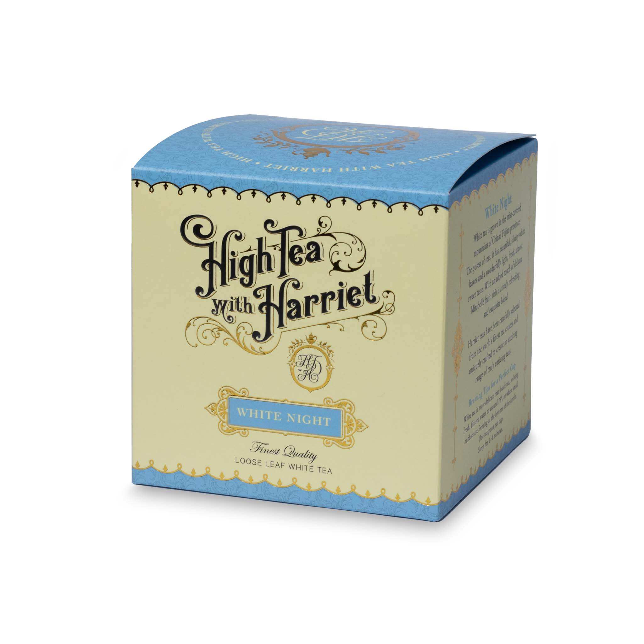 Side view of High Tea with Harriet White Night tea box showing label and flavour description panel