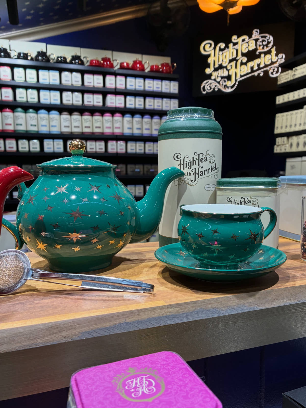 Green Star fine bone china teapot and teacup on our stall counter